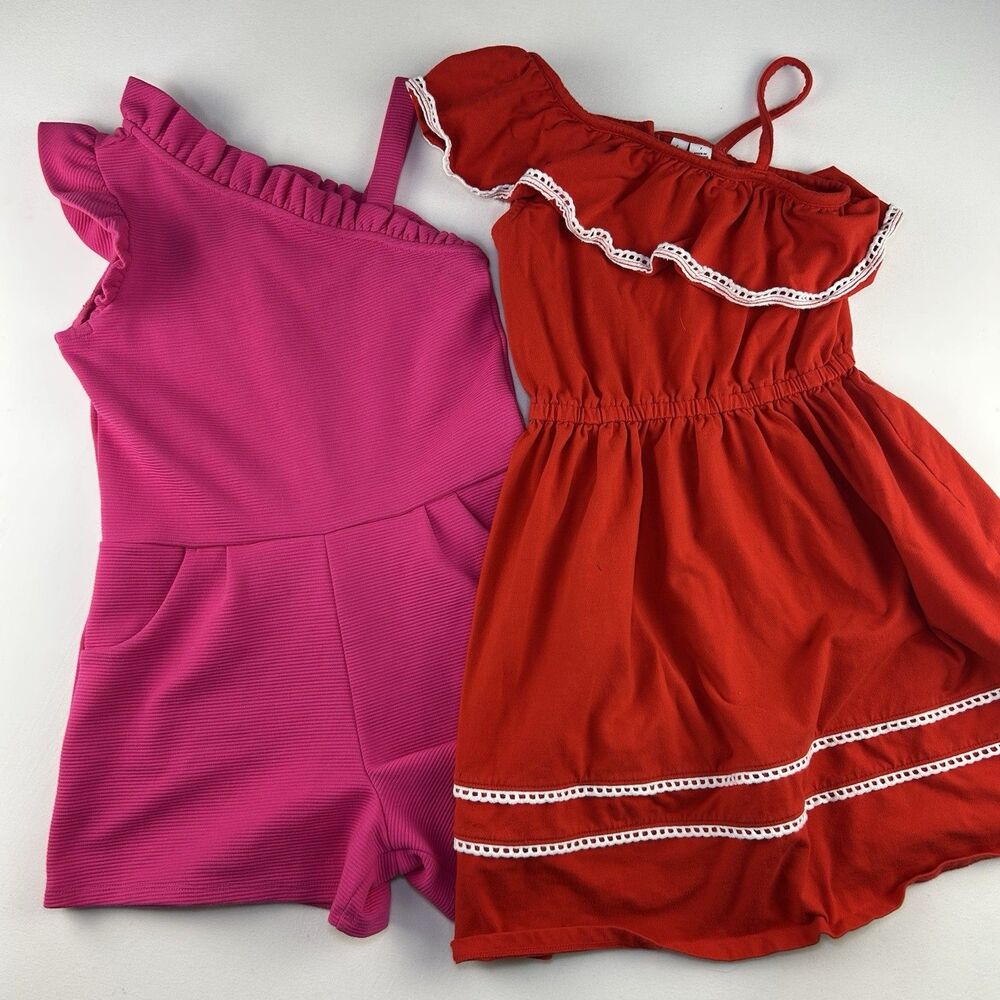 Janie & Jack Dress Romper Set Of 2 Bundle Size 7 Cotton Red Pink Lace BTSchool
